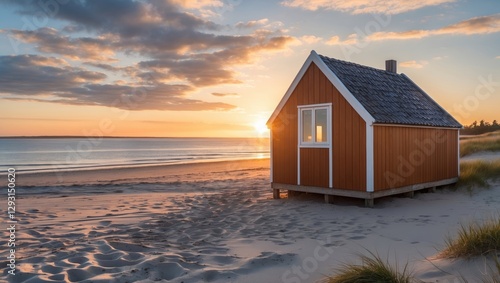 Fototapeta Naklejka Na Ścianę i Meble -  Serene sunrise over sandy beach with coastal cabin at Aalbaek Bay, North Jutland, showcasing tranquility of Baltic Sea in Denmark.