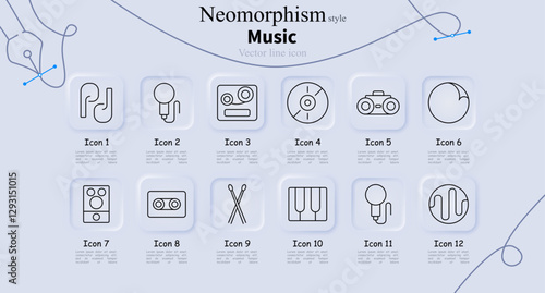 Music set icon. Earphones, microphone, tape reel, CD, boombox, volume knob, speaker system, cassette tape, drumsticks, piano, podcast mic, equalizer