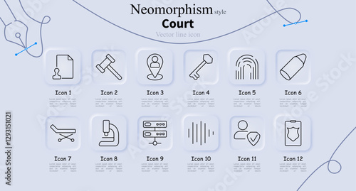 Court set icon. Legal document, gavel, location user, key, fingerprint, bullet, medical stretcher, microscope, database, sound waves, identity verification, badge