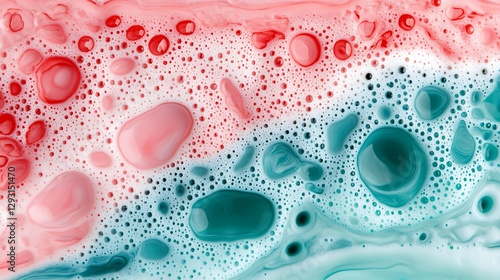 Abstract Colorful Bubbles with Red and Blue Patterns on Fluid Surface for Creative Background Design