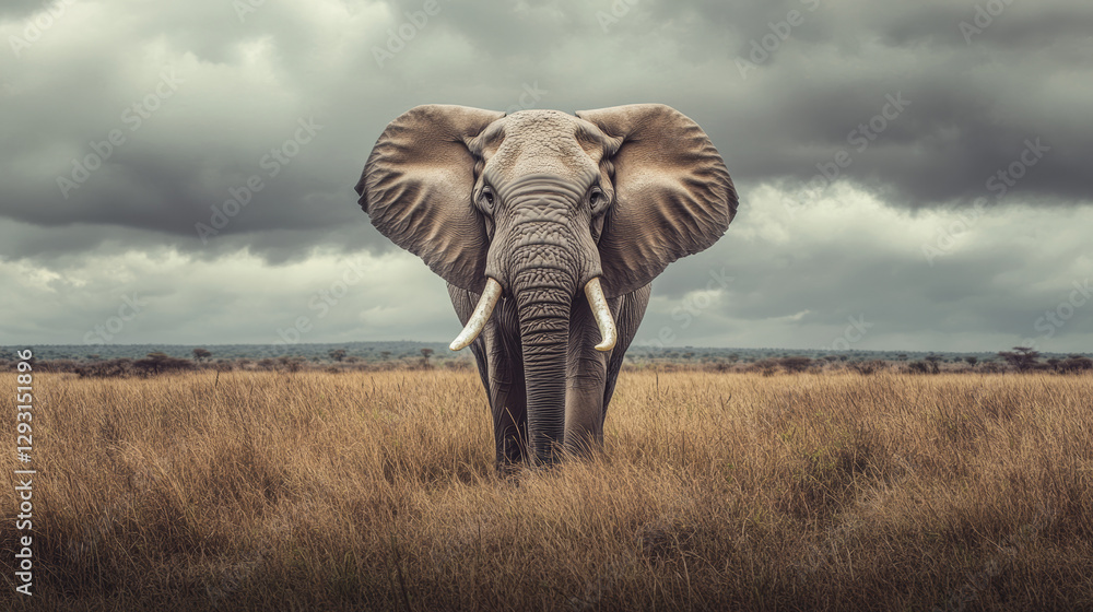 Fototapeta premium Majestic African elephant standing in golden savanna with powerful tusks and wrinkled skin under dramatic stormy skies.