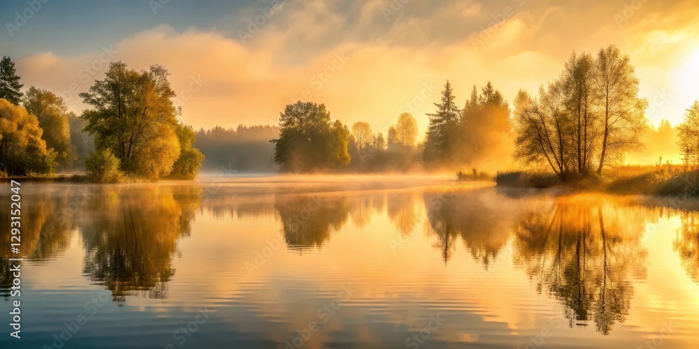 Serene lake scene with soft golden light illuminating the water and surrounding trees in a misty morning atmosphere, reflecting the tranquility of nature , misty, morning Serene lake scene with soft golden light illuminating the water and surrounding trees in a misty morning atmosphere, reflecting the tranquility of nature , misty, morning