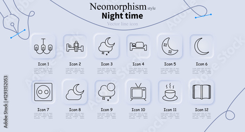Night time set icon. Chandelier, bed exercise, moon cloud, sleeping, crescent moon, outlet, night cloud, night sky, TV, hot drink, open book.