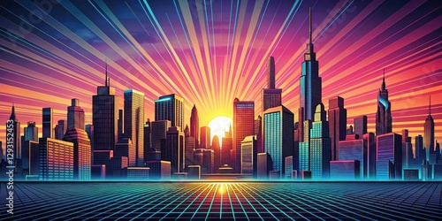 Colorful comic book inspired radial backdrop with a neon cityscape and futuristic skyscrapers at sunset, backdrop, radial