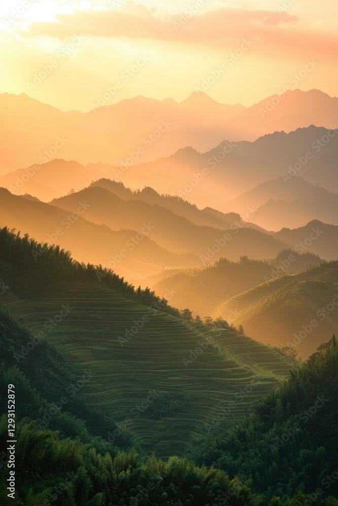 Golden Sunrise Over Misty Mountain Ranges and Green Foothills Golden Sunrise Over Misty Mountain Ranges and Green Foothills