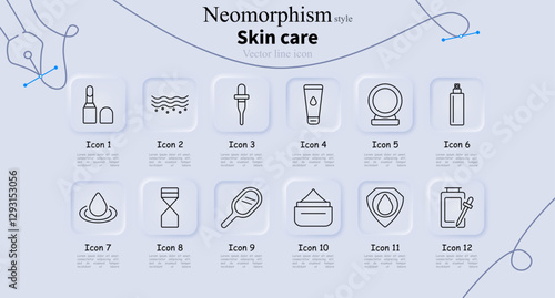 Skin care set icon. Lipstick, skin layers, dropper, cream, mirror, spray, hydration, hourglass, hand mirror, face cream, essence, serum bottle.
