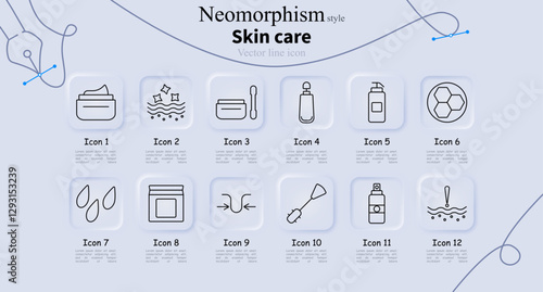 Skin care set icon. Face cream, glowing skin, cotton pads, lotion, dispenser, hexagon structure, water drops, mask, face lift, spatula, spray, irritation.