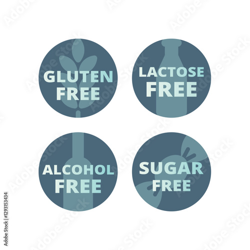Gluten and lactose free vector label set. Alcohol and sugar free labels or sticker.
