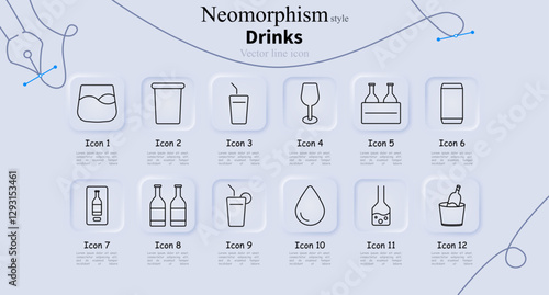 Drinks set icon. Whiskey glass, disposable cup, juice, wine, beer, canned drink, bottle, alcohol, fresh juice, water drop, liquid flask, ice bucket.