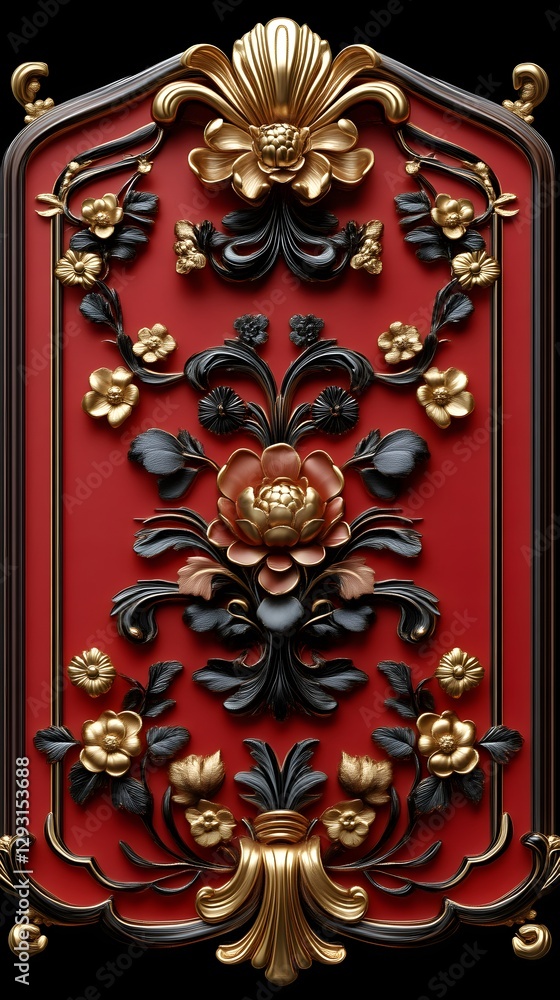 Ornate Red Panel with Gold and Black Floral Design Ornate Red Panel with Gold and Black Floral Design