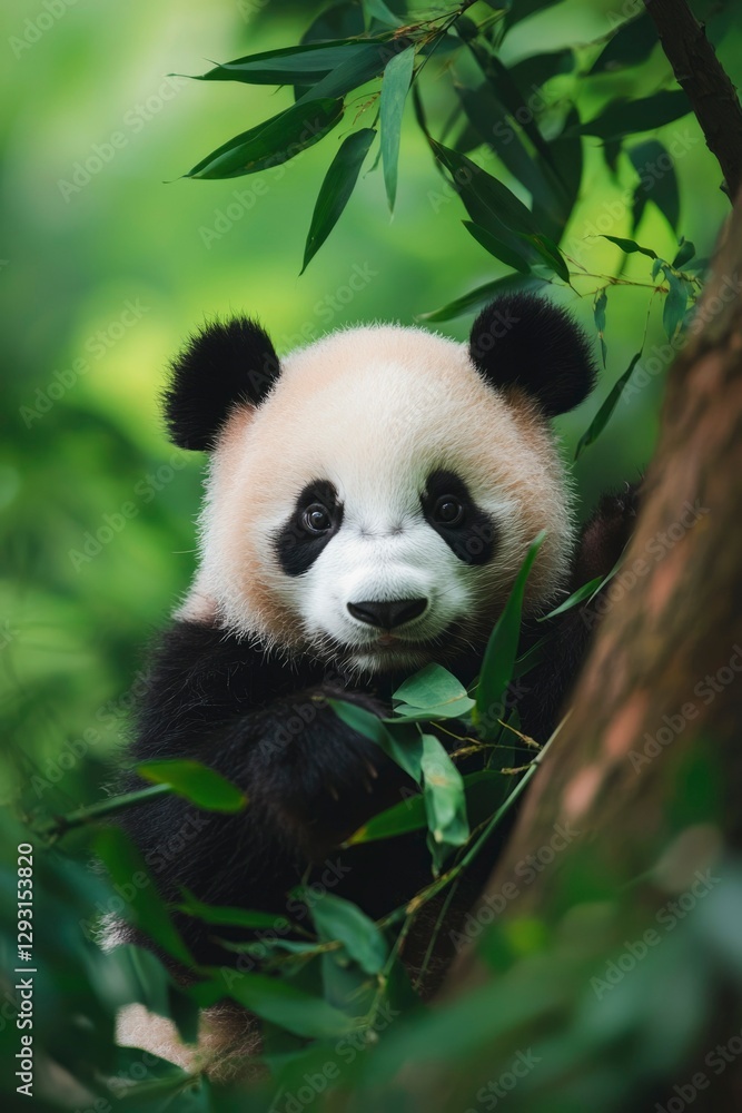 Baby Panda Eating Bamboo in Lush Green Forest