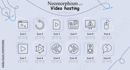 Video hosting set icon. Video player, refresh, play button, cassette, alert screen, mouse, video file, network play, fast forward, media control, speaker, monetization.