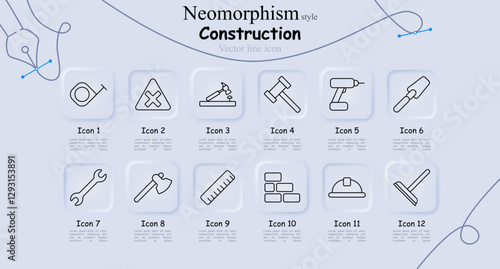 Construction set icon. Measuring tape, caution sign, hammering, mallet, drill, trowel, wrench, axe, ruler, bricks, hard hat, squeegee.
