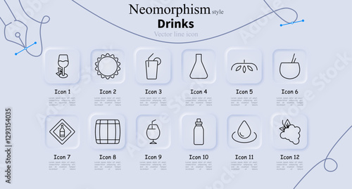 Drinks set icon. Wine glass, bottle cap, juice with straw, decanter, tea leaves, coconut drink, alcohol warning, barrel, cocktail, water bottle, hydration drop, grapes.