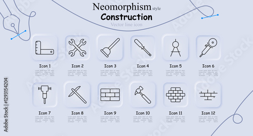 Construction set icon. Square ruler, crossed wrenches, plunger, screwdriver, compass, angle grinder, jackhammer, pickaxe, brick wall, hammering, structured bricks, aligned bricks.
