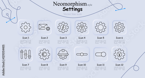 Settings set icon. Gear, email, power management, Wi-Fi, system optimization, media settings, equalizer, financial, engineering, toggle switch, currency settings, automation.