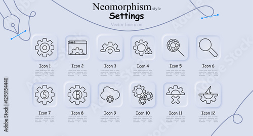 Settings set icon. Gear, browser settings, automation, warning, magnifying glass, security, financial configuration, cryptocurrency, cloud computing, system maintenance, error, optimization.