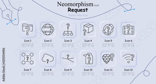 Request set icon. File inquiry, global search, database query, package request, statistics, travel inquiry, network request, cloud question, unknown path, price tag, security request, Wi-Fi inquiry.