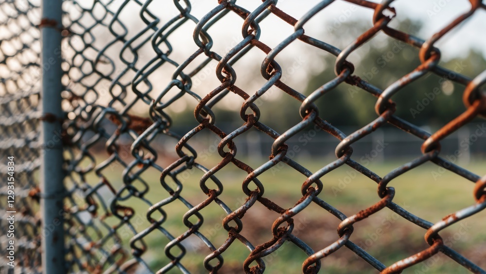 Fototapeta premium Rusty Chain-Link Fence with Damage Close-Up at Dusk in an Outdoor Setting