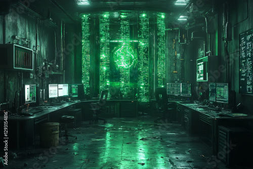 Inside a dark abandoned Jurassic World lab filled with dinosaur eggs, symbolizing mystery and danger