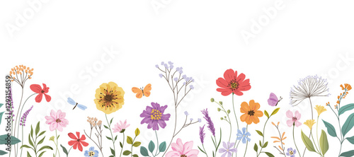 Spring and summer flower pattern seamless background vector. Hand drawn botanical floral, daisy, wildflower, eucalyptus leaves, butterfly. Design for wallpaper, banner, print, website. 