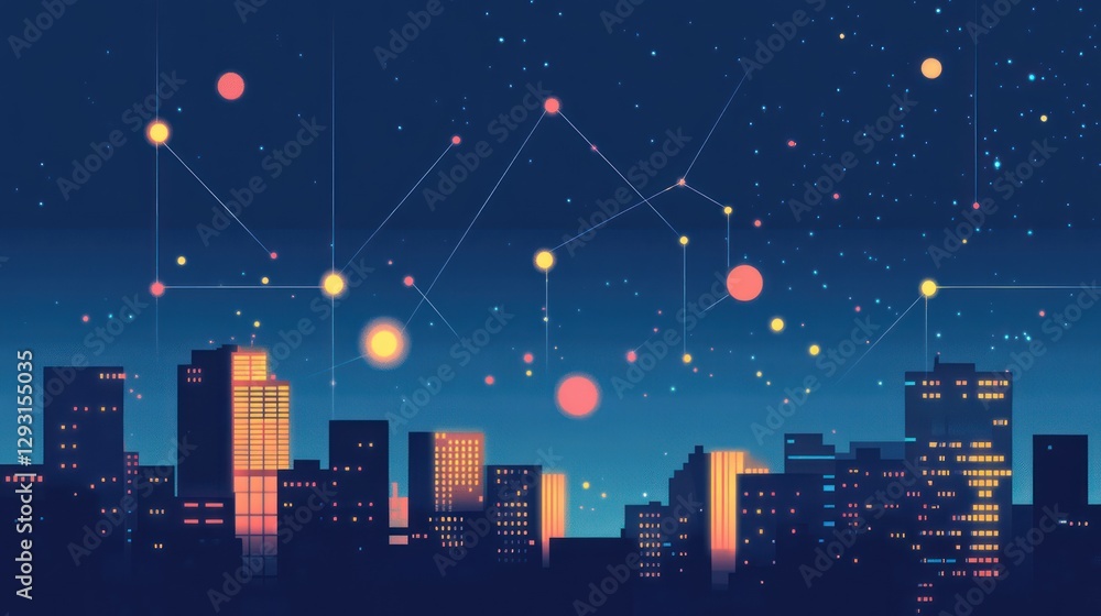 Fototapeta premium Night city skyline, network connections, stars, urban technology