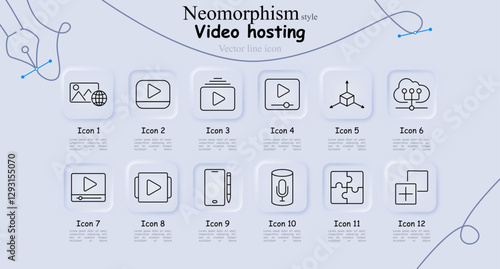 Video hosting set icon. Image sharing, video streaming, video player, 3D modeling, cloud service, playback, mobile app, playlist, digital note, voice assistant, puzzle, interface.