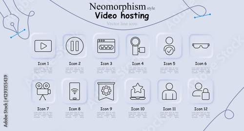 Video hosting set icon. Play button, pause, browser, magnifying glass, user profile, VR glasses, movie camera, wireless, settings banner, favorite content, account, user interaction.