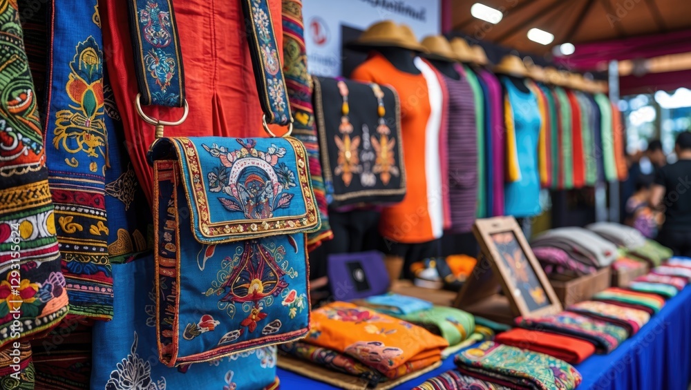 Fototapeta premium Colorful mobile phone bags made from traditional loincloths displayed at Thailand Tourism Festival in Lumpini Park showcasing local craftsmanship.