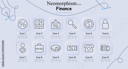 Finance set icon. Percentage, calculator, discount sign, magnifier, money, security lock, verified user, business briefcase, pie chart, promo code, financial call, euro transaction.