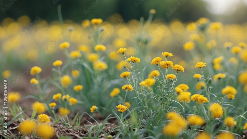 Fototapeta premium Vibrant field of small yellow summer flowers in soft focus showcasing nature's beauty and warmth of the season. Ideal for floral themes.