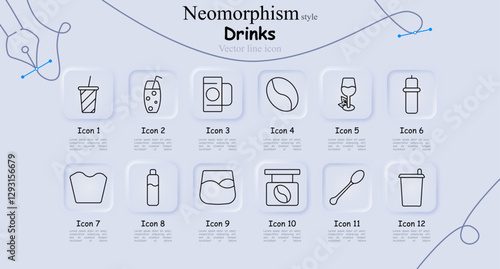 Drinks set icon. Smoothie, carbonated drink, coffee maker, coffee bean, wine glass, baby bottle, whipped cream, water bottle, whiskey, coffee jar, spoon, takeaway coffee.