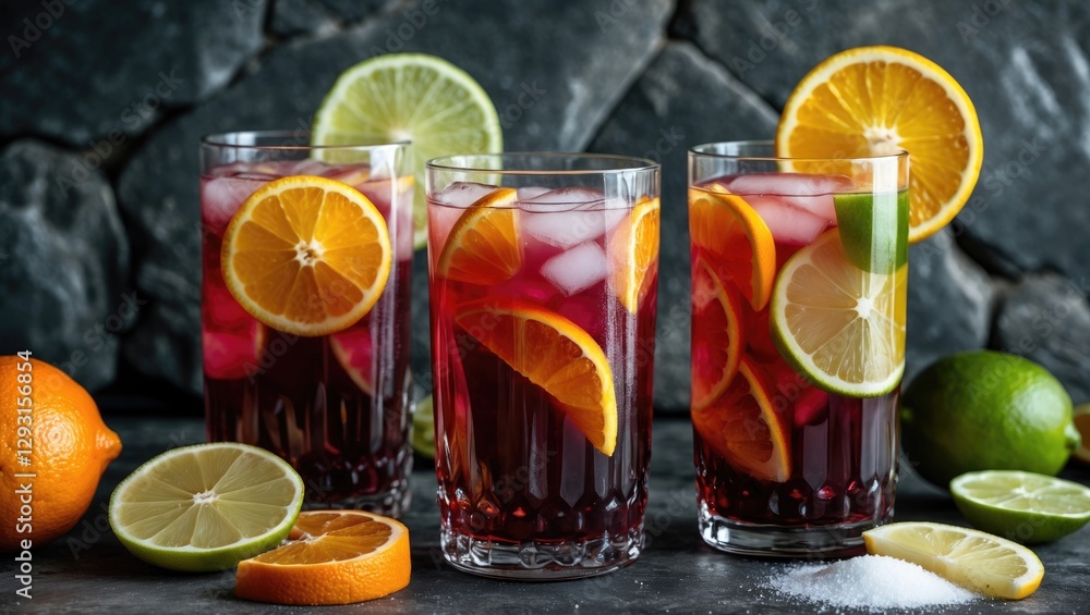 Refreshing Sangria in Glasses Garnished with Citrus Slices on a Dark Stone Background Perfect for Summer Gatherings and Cocktails Refreshing Sangria in Glasses Garnished with Citrus Slices on a Dark Stone Background Perfect for Summer Gatherings and Cocktails