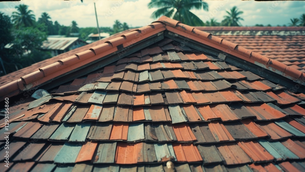 Weathered roof tiles showcasing a mix of colors from natural aging and dirt in a tropical setting with palm trees in the background. Weathered roof tiles showcasing a mix of colors from natural aging and dirt in a tropical setting with palm trees in the background.