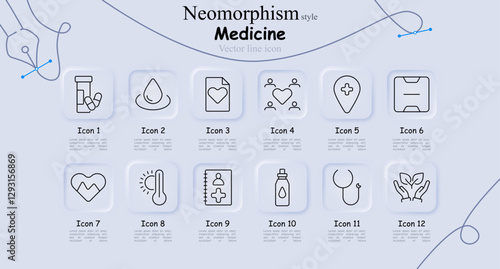 Medicine set icon. Pills, liquid medicine, medical record, family health, medical location, prescription storage, heart health, temperature check, directory, hydration, stethoscope, holistic healing.