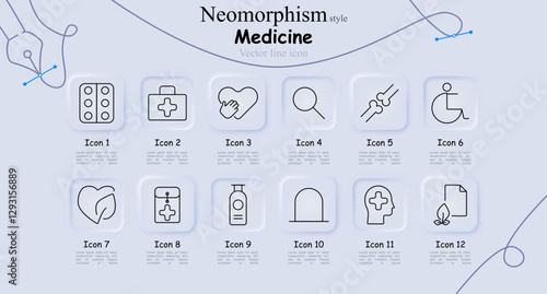Medicine set icon. Pill pack, first aid, heart support, magnifier diagnosis, joint health, disability support, organic medicine, blood storage, sanitizer, gravestone, mental health, herbal records.