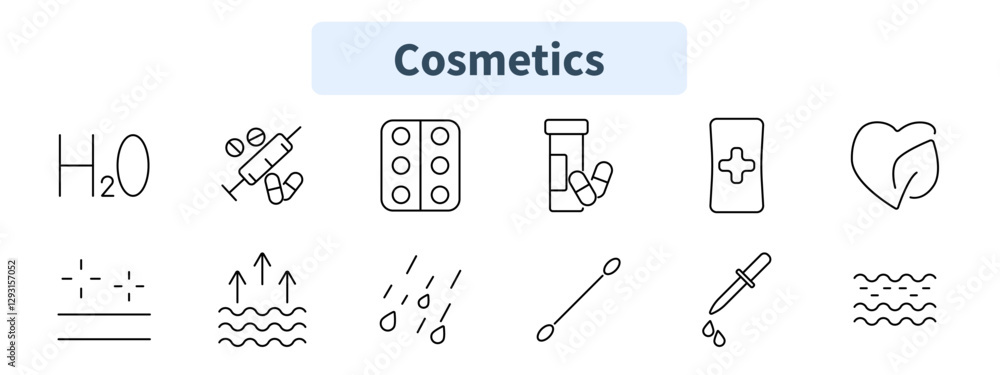 Fototapeta premium Cosmetics set icon. Water molecule, injection, pills, supplement bottle, medical file, natural skincare, hydration, skincare routine, dropper, cotton swab, serum, water texture.