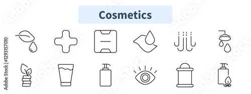 Cosmetics set icon. Organic skincare, medical cross, cream container, moisture, shower, eco-friendly, face cream, pump bottle, eye care, cosmetic jar, skincare product.