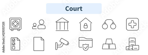 Court set icon. Safe, group, courthouse, locked home, handcuffs, medical cross, checklist, document, gavel, surveillance, security file, gold bars.