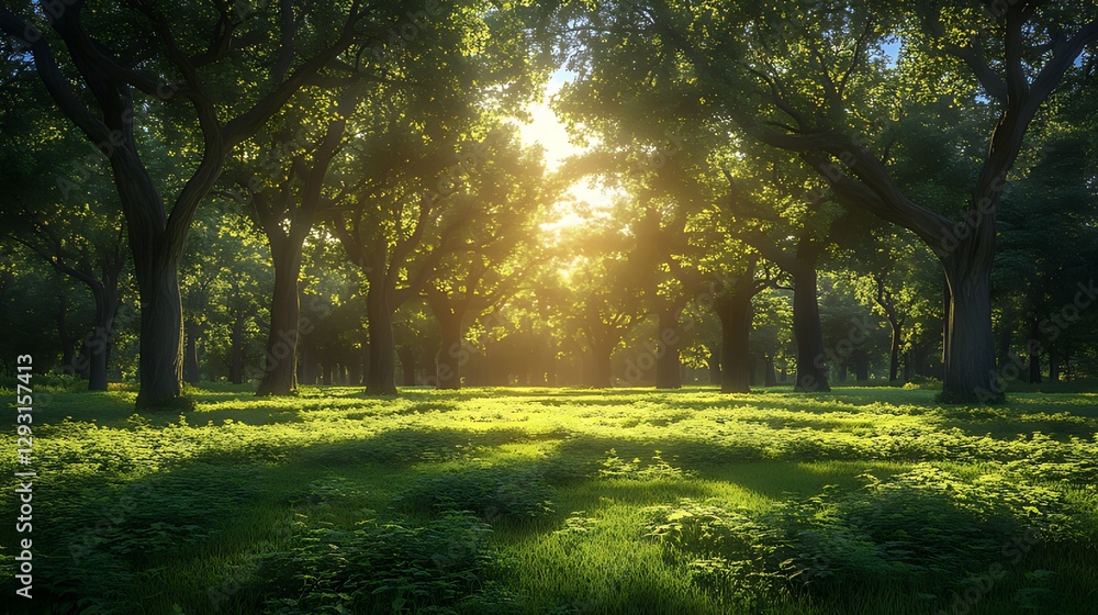Obraz premium Sunlit oak forest path, green grass, serene nature, idyllic background, nature wallpaper