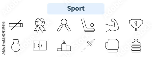 Sport set icon. No smoking, award, gymnastic rings, hockey, strength, trophy, medal, field, podium, fencing, boxing, water bottle.