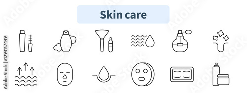 Skin care set icon. Lotion, mascara, skincare, makeup brush, hydration, perfume, facial treatment, skin glow, moisture, mask, cleansing, spray bottle.