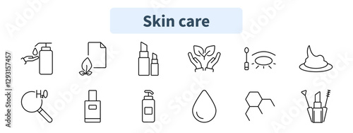 Skin care set icon. Hand lotion, eco skincare, lip balm, natural beauty, makeup tools, organic care, hydration, cosmetic chemistry, beauty products.