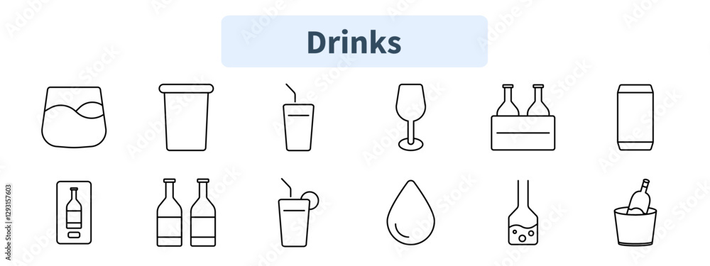 Drinks set icon. Whiskey glass, cup, juice, wine, beer, soda can, bottle, cocktail, water drop, beverage packaging, chilling drink. Drinks set icon. Whiskey glass, cup, juice, wine, beer, soda can, bottle, cocktail, water drop, beverage packaging, chilling drink.