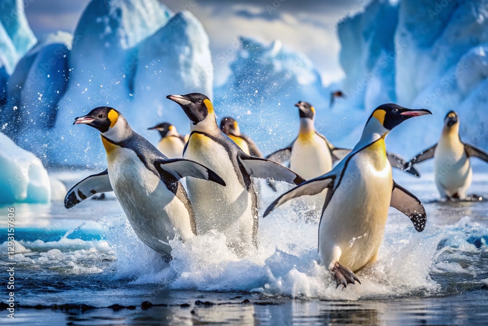 Fototapeta premium Majestic Emperor Penguins Frolicking in Antarctic Waters: A Stunning Wildlife Scene