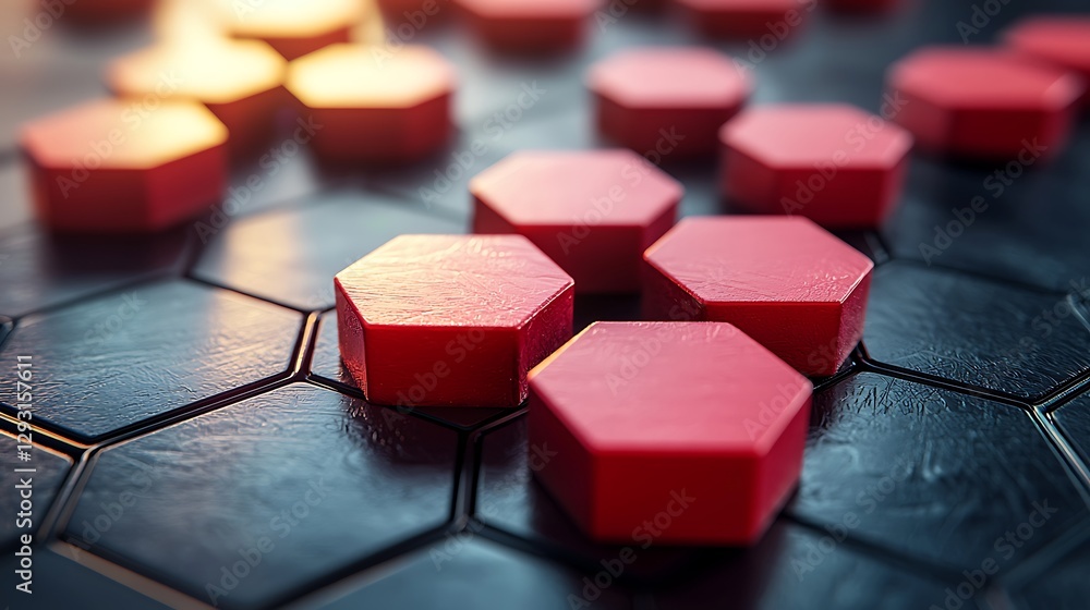 Red hexagons on black honeycomb; technology concept; abstract background; data visualization Red hexagons on black honeycomb; technology concept; abstract background; data visualization