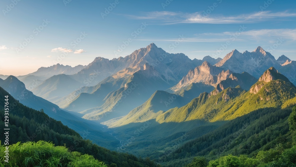 Obraz premium Majestic Mountain Landscape with Lush Green Foreground Under Clear Skies Showcasing Nature's Serenity and Beauty During Daylight
