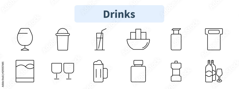 Drinks set icon. Wine glass, frozen drink, cocktail, sugar cubes, beverage container, whiskey, beer, soda bottle, alcohol packaging, drink storage. Drinks set icon. Wine glass, frozen drink, cocktail, sugar cubes, beverage container, whiskey, beer, soda bottle, alcohol packaging, drink storage.