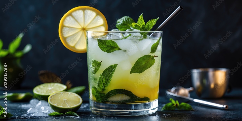 Fototapeta premium Refreshing Royal Mojito Cocktail with Mint and Citrus Garnish Perfect for Summer Nights on Dark Background with Copy Space