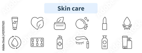 Skin care set icon. Lotion, organic, moisturizer, bubble, lipstick, hydration, circulation, tablets, antiseptic, eye cream, shampoo, cosmetics.